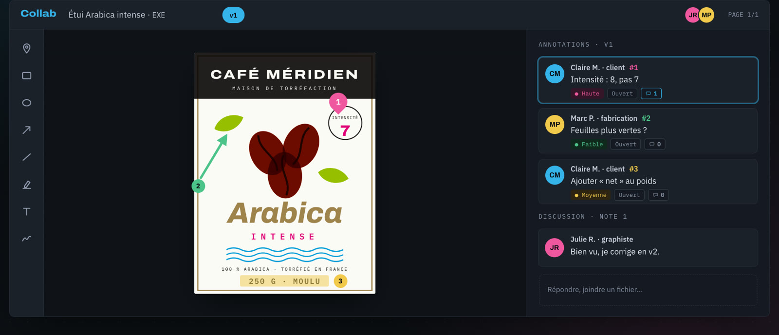 BAT d'un étui annoté dans le navigateur, avec fil de commentaires