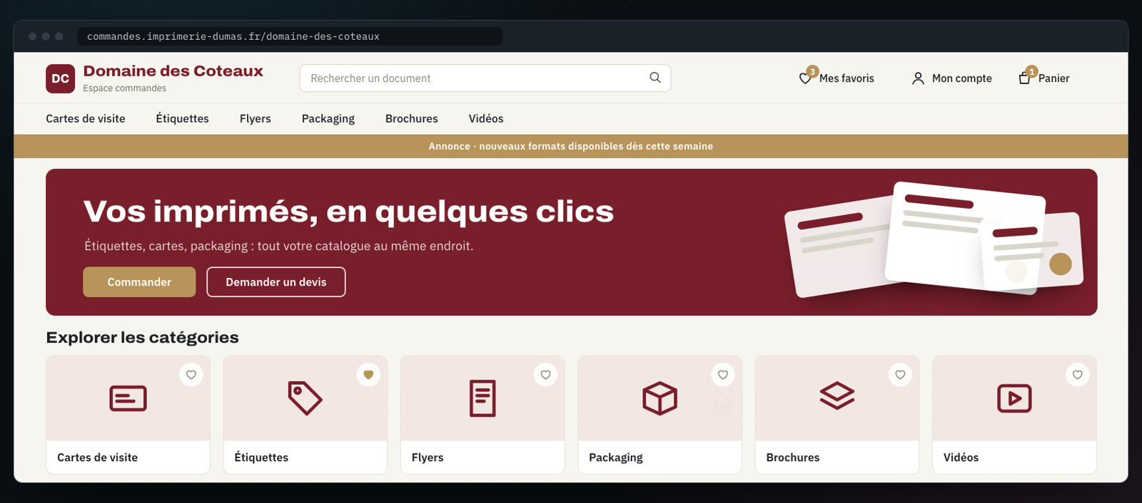Boutique en ligne d'un client : catégories d'imprimés et commande