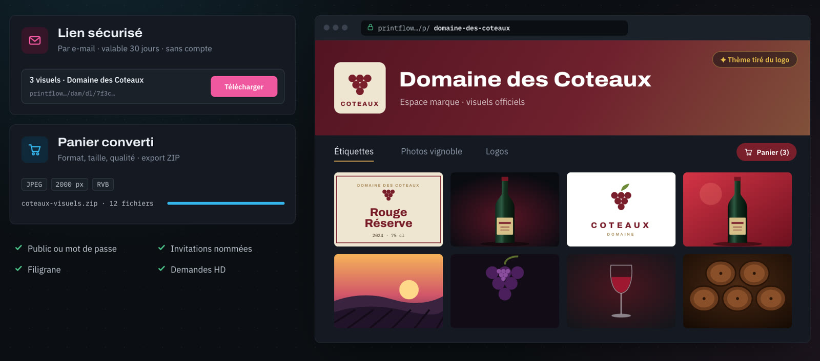 Portail de marque d'un client : visuels officiels, lien sécurisé et panier