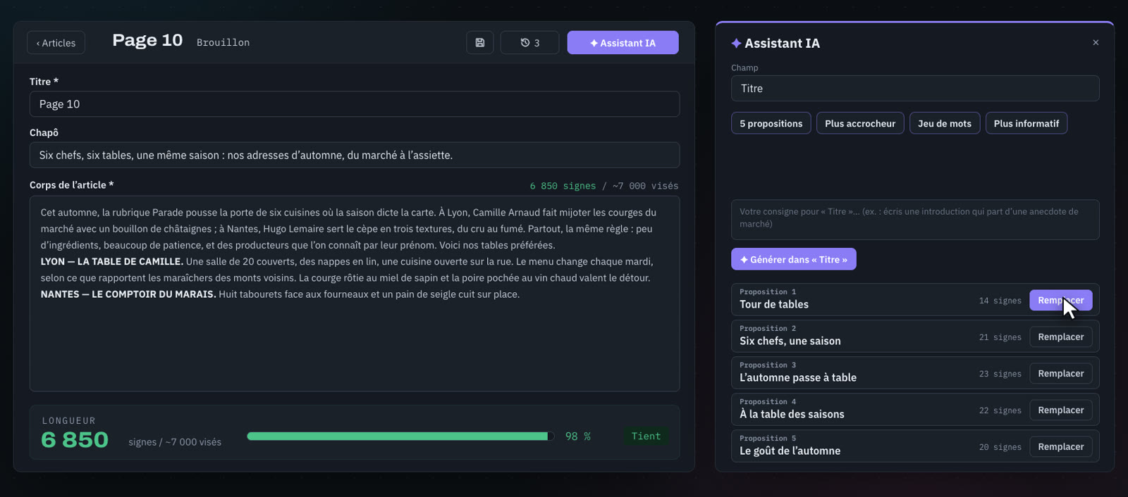 Fiche article avec l'assistant IA qui propose des titres