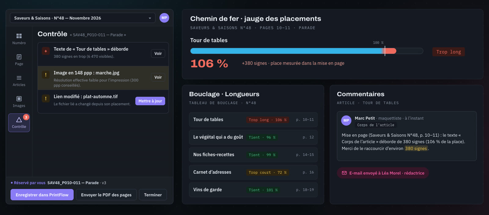 Jauge de placement : la place réelle mesurée dans la maquette remonte dans le chemin de fer