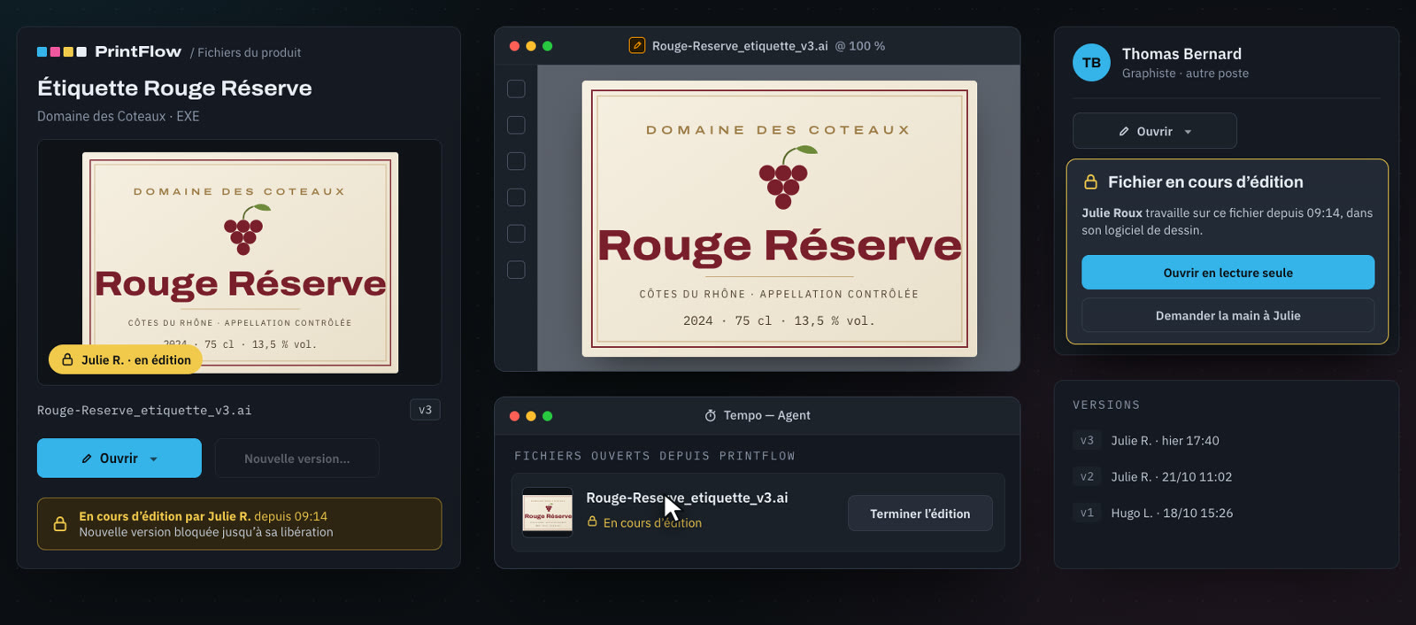 Fichier ouvert depuis PrintFlow, réservé à son graphiste, en lecture seule pour les autres