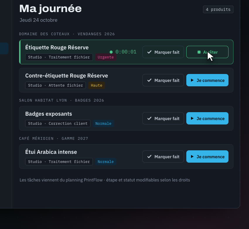 Tempo : la journée d'un opérateur, tâches et chronomètre