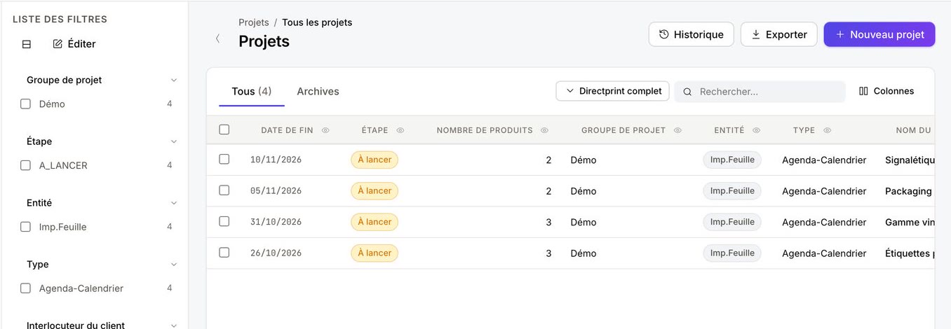 Liste des projets avec filtres à facettes : groupe, étape, entité, type, interlocuteurs, agence